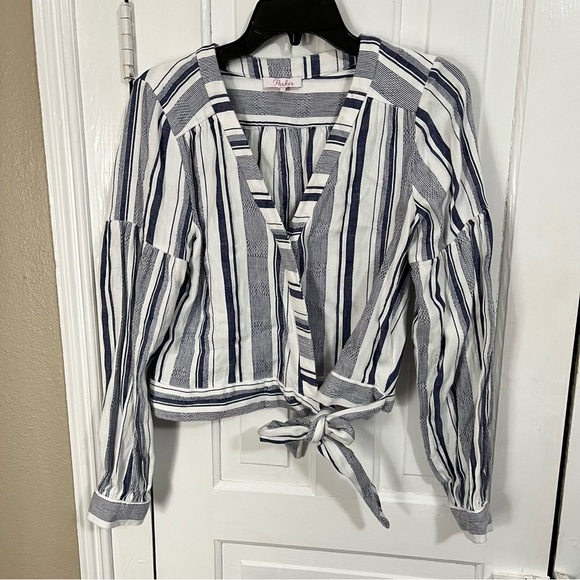 Parker Saskia Stripe V Neck Tie Waist Blouse Blue White Medium W2 - Picture 2 of 8